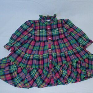 Ralph Lauren Baby Girl Flannel Tiered Long Sleeve Dress Pink Green Sz 9m
